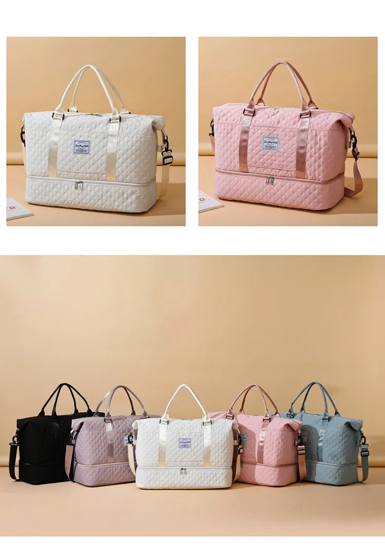 Fashionable short trip rhombus dry and wet separation sports handbag yoga fitness bag large capacity shoe compartment travel bag_voghion.com