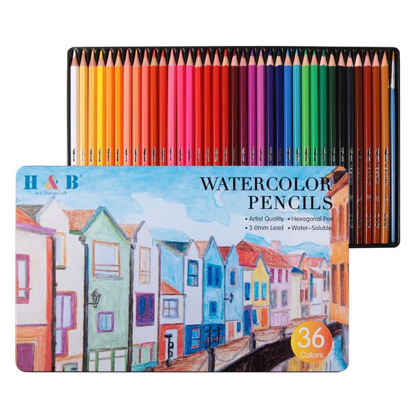H&B Watercolor Pencils Set 36/48 Colors, Wooden Case, Non-Toxic & Blendable Art Supplies For Kids, Adults, Beginners & Professionals_voghion.com