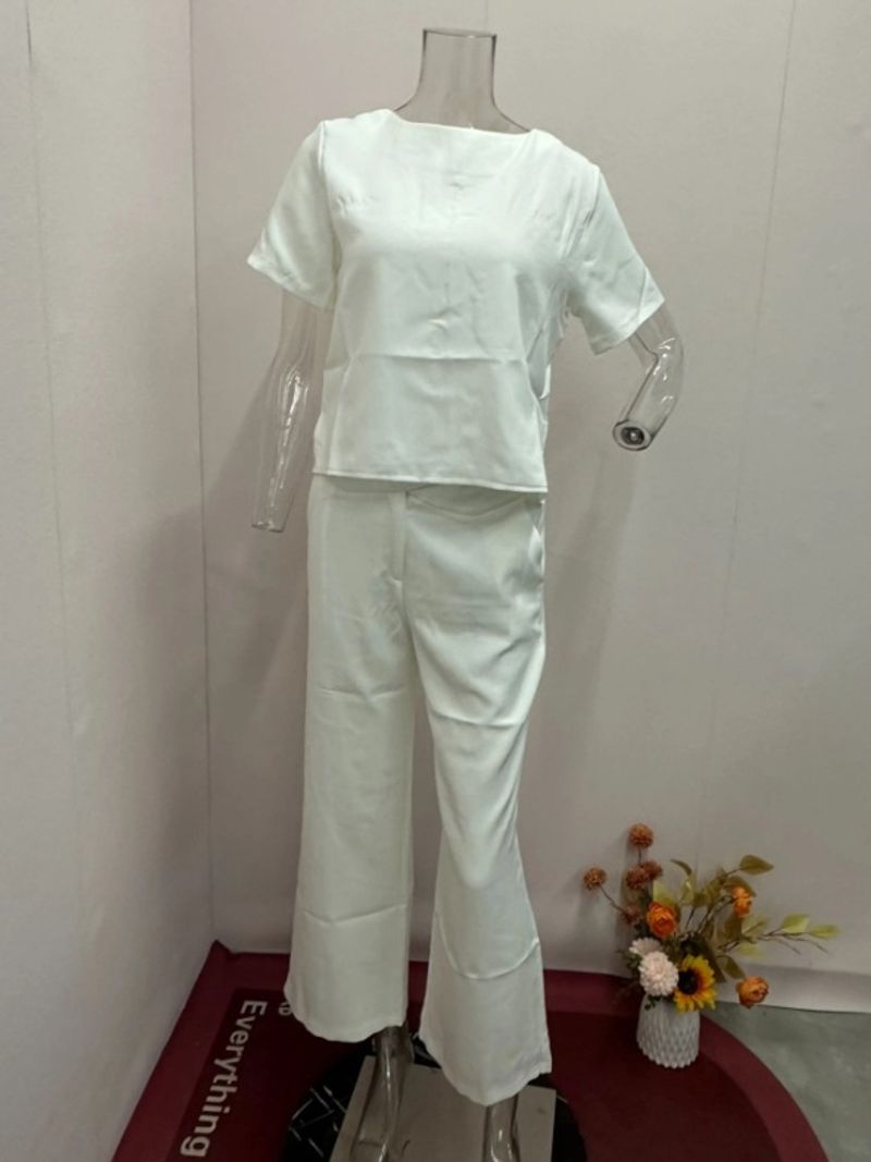 Dameskleding mode effen kleur ronde hals losse top wijde pijpen broek tweedelig pak_voghion.com