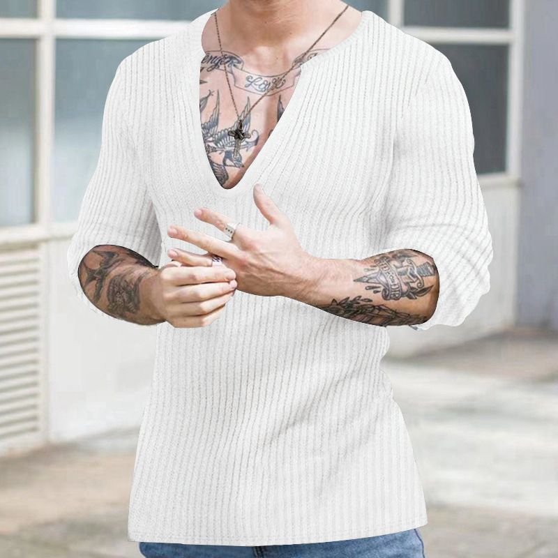 2023 Herren Casual Herbst Winter Tiefe V-Ausschnitt Slim Fit Langarm Einfarbig Gestricktes Basishemd Für Männer_voghion.com