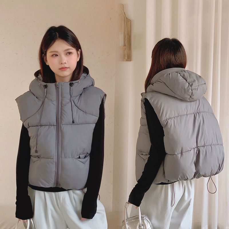 Dames Puffer Vest met Capuchon - Gewatteerde Lichtgewicht Mouwloze Jas, Oversized Casual Gilet met Ritssluiting voor Herfst/Winter (Kaki/Grijs)_voghion.com