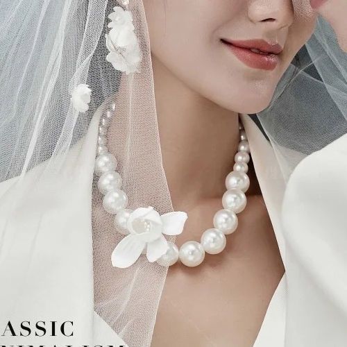 Übertrieben übergroße Perlenkette für Damen mit runden Perlen, Schlüsselbeinkette für französische Hofbraut, Accessoire 332_voghion.com