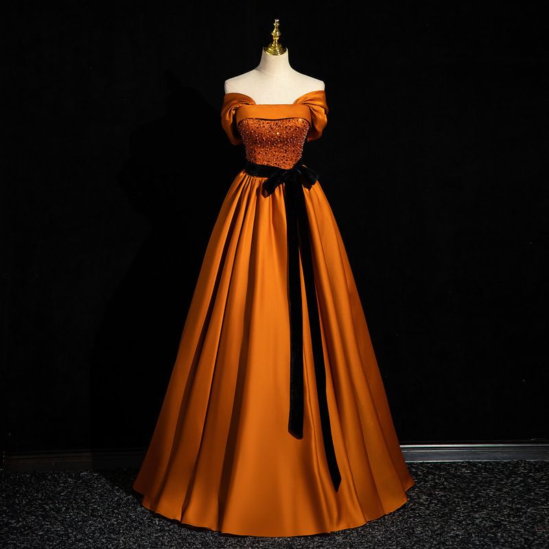 Off-Shoulder A-Line Satin Gown – Elegant & Vibrant (Orange, XS-3XL) For Singing Performances, Hosting & Special Events_voghion.com