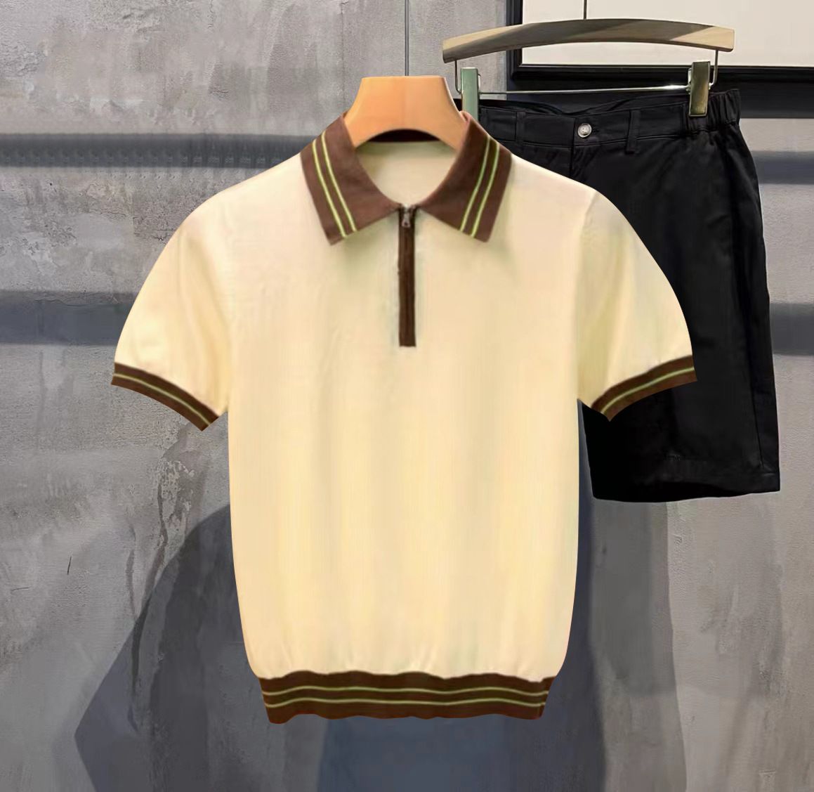 Férfi ruházat Divatos színes, színes cérnával kötött póló Férfi francia romantikus menő fluoreszkáló zöld férfi rövid póló_voghion.com