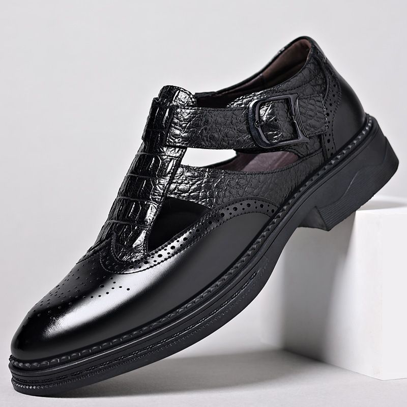 2025 Summer Business Dress Block Carving Real Leather Hollow Breathable Sandals Men's Shoes 7102_voghion.com