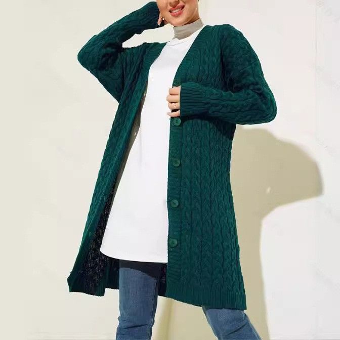 Women's Modest Long Cardigan Sweater – Muslim-Friendly Oversized Knit Open Front Coat, Polyester-Spandex Blend For Comfort, Solid Dark Green_voghion.com