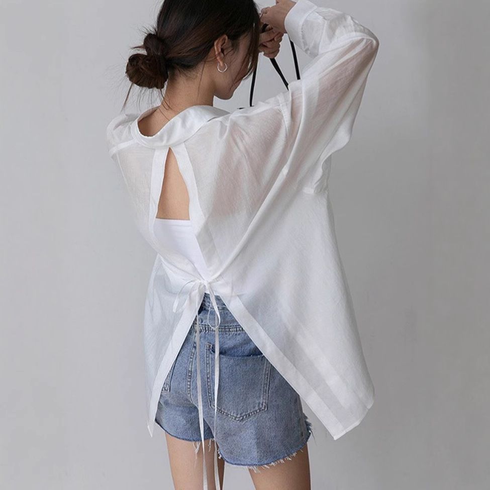 Ragazza Versatile Donna Sottile Estate Nuovo Design Senso Niche Schiena Scoperta Cravatta Micro-Trasparente Protezione Solare Camicia Stile Pigro_voghion.com