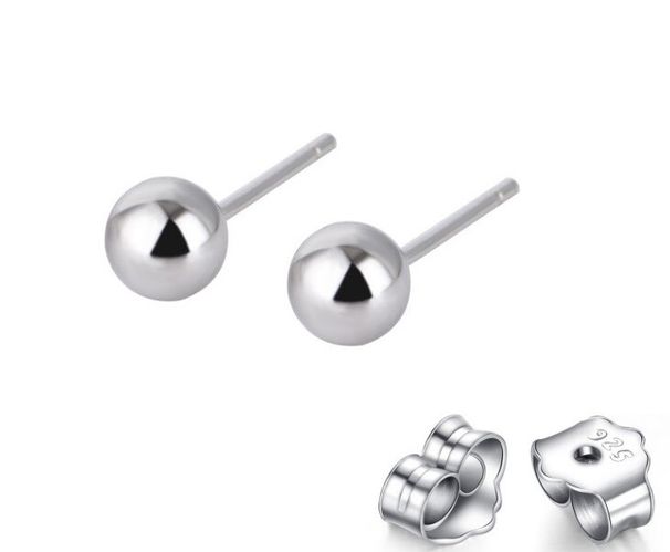 Orecchini a bottone con sfera rotonda in argento sterling 925, finitura lucida, chiusura a farfalla, H8_voghion.com