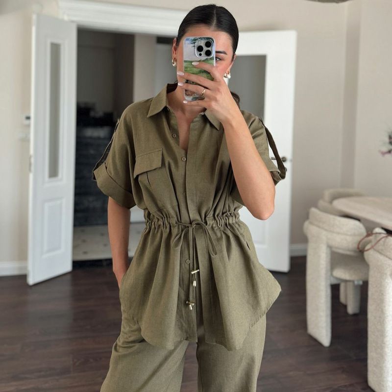 Women's Clothing Casual Workwear Pocket Drawstring Short Sleeved Shirt Trousers Summer Two Piece Suit_voghion.com