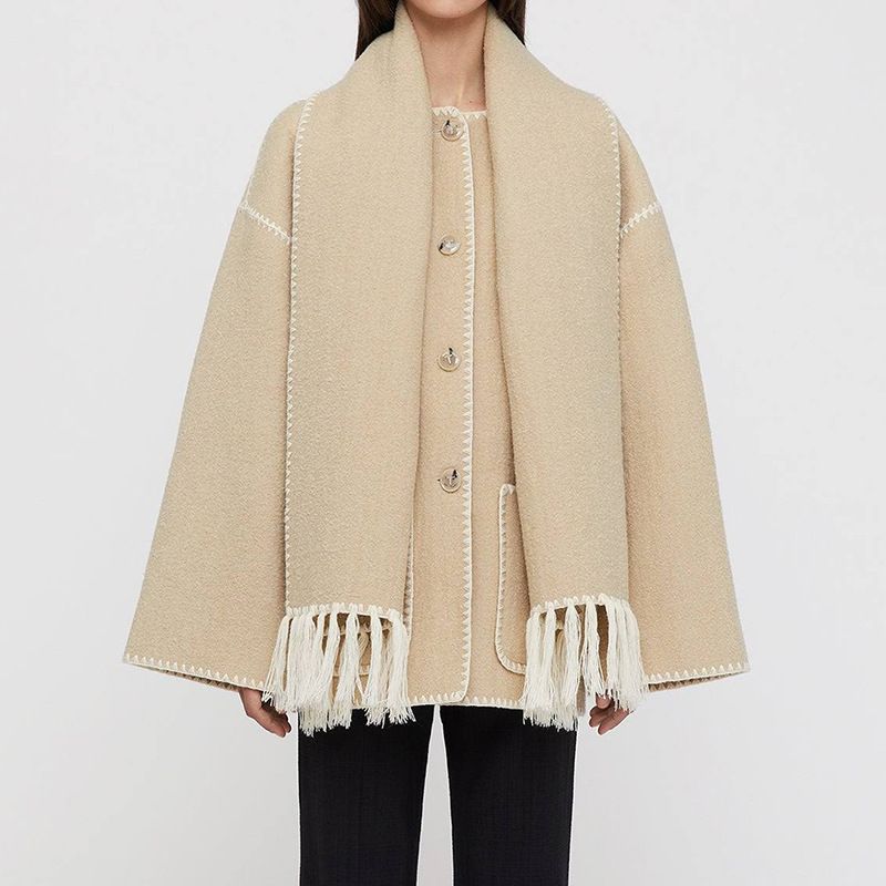 Women's Clothing autumn and winter new fashion women's woolen coat thickened loose jacket with scarf tassels for women_voghion.com