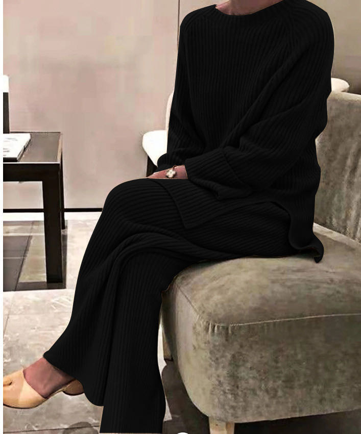 Kleidung langärmeliger, einfarbiger, gestrickter, lässiger, zweiteiliger Strickpullover_voghion.com