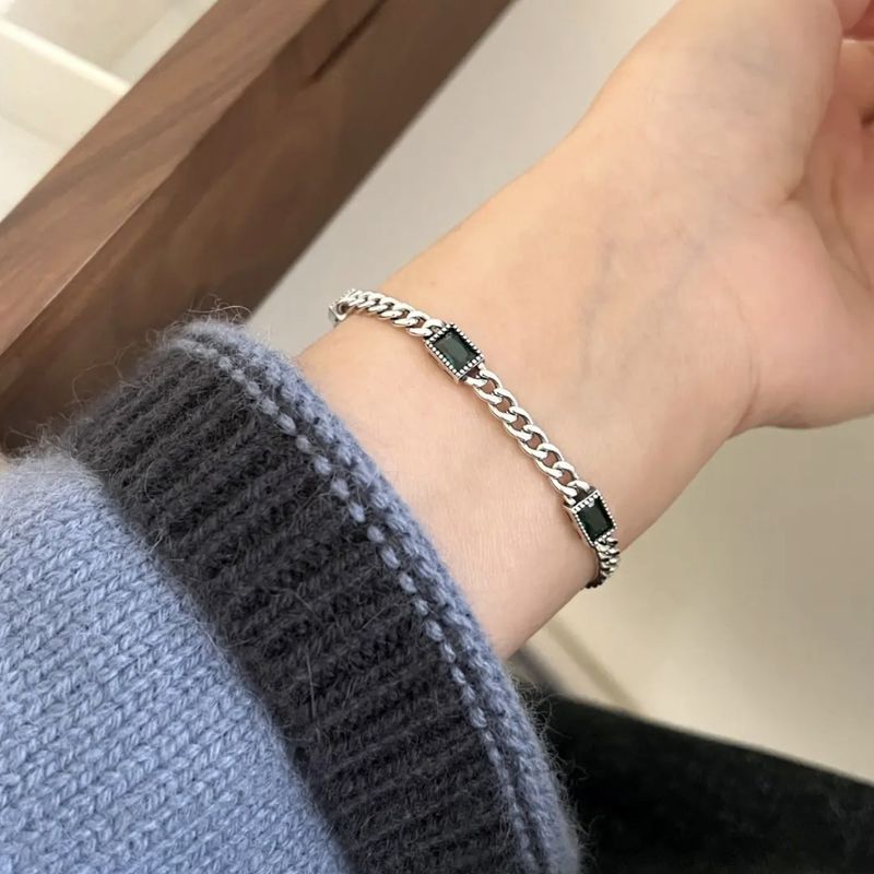 Bracciale cubano con distanziatore di diamanti verdi, stile coreano INS, Sweet Cool S, in argento puro, semplice e vintage, per donna_voghion.com