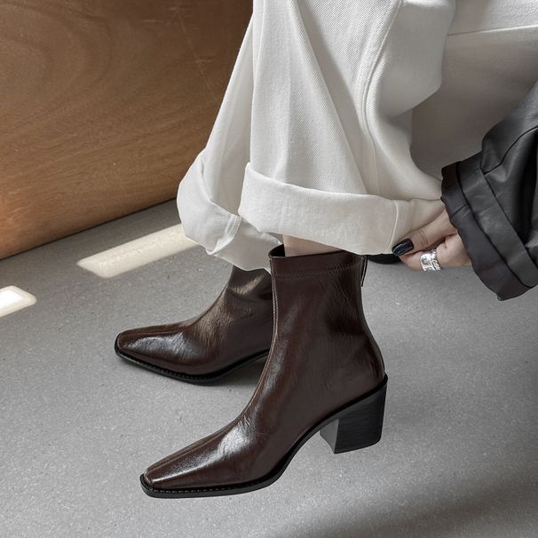 Leise Sohle! Stretch-Stiefeletten in Kaffeebraun für Damen, kurze Stiefeletten mit klobigem Absatz, ideal für Pendler, Herbst/Winter, Retro-Look, Schwarz_voghion.com