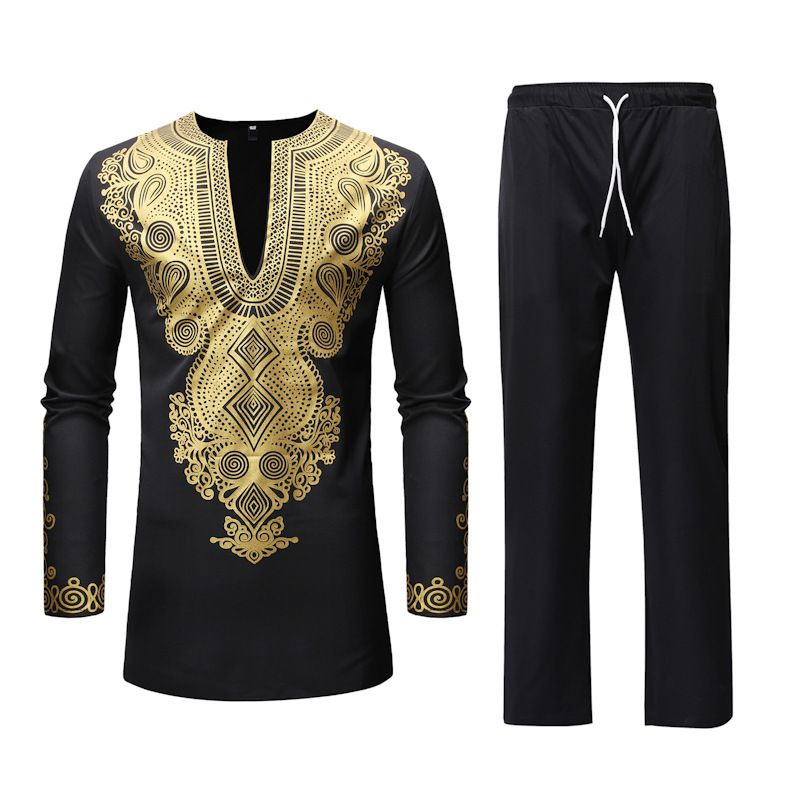Men's African print casual mid-length deep V robe T-shirt casual pants suit_voghion.com