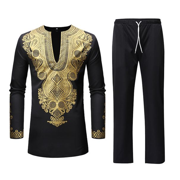 Men's African print casual mid-length deep V robe T-shirt casual pants suit_voghion.com