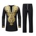 Men's African print casual mid-length deep V robe T-shirt casual pants suit_voghion.com