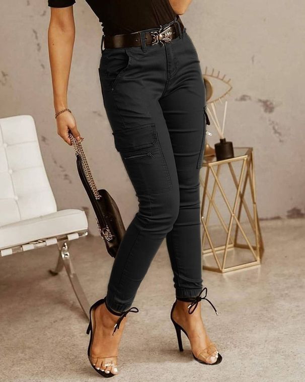 Damenhose mit mittelhoher Taille und Knopfleiste, einfarbig, mit Taschenmanschetten, Overall für Damen_voghion.com