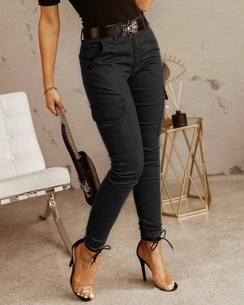 Pantaloni de damă cu talie medie, nasturi, culoare uni, manșete cu buzunare, salopetă pentru femei_voghion.com
