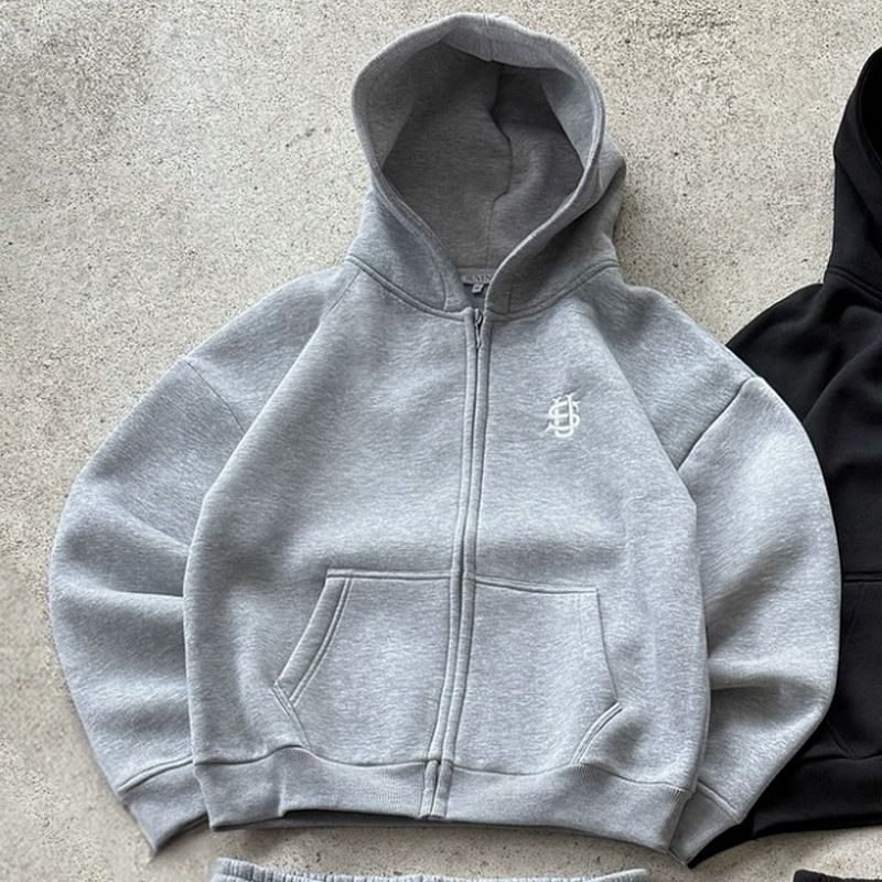 "Erkekler ve Kadınlar İçin Moda İşlemeli Fermuarlı Kapüşonlu Üst - Cepli Retro Sokak Giyim Kazak, Bol Kesim, Uzun Kollu (Siyah/Gri, S-4XL)"_voghion.com