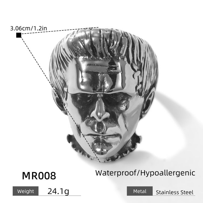 Anello in acciaio al titanio con testa di Frankenstein gotico - Anello con simbolo del teschio punk per uomo e donna, fascia in acciaio inossidabile retrò, gioiello unisex_voghion.com