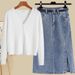 Zweiteiliges Damen-Set aus Strickjacke und Jeansrock – schmeichelhaftes Herbst-/Winter-Outfit mit Gürtel (Optionen: Blau/Weiß/Schwarz)_voghion.com