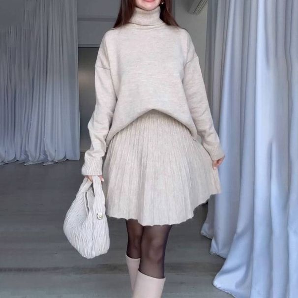 Women's Clothing Autumn Solid Color Round Neck Loose Top Simple Versatile Skirt Suit_voghion.com