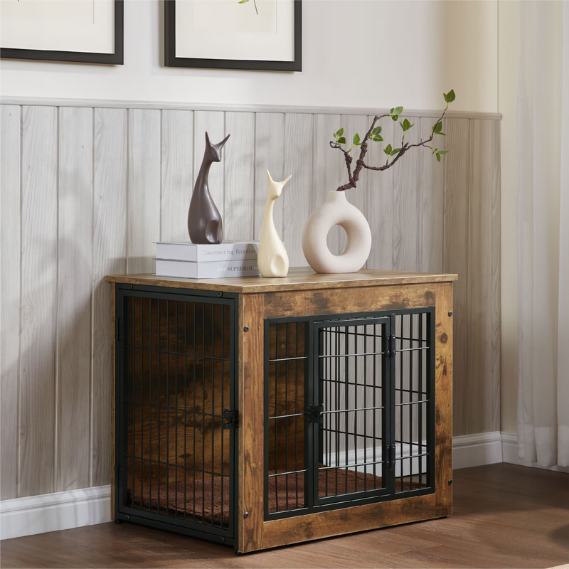 Dog Crate Furniture With Cushion, Wooden Dog Kennel Furniture, Heavy Duty Dog Cage, 27" Dog Kennel With Double Doors, Dog Crates For Small/Medium Dogs_voghion.com