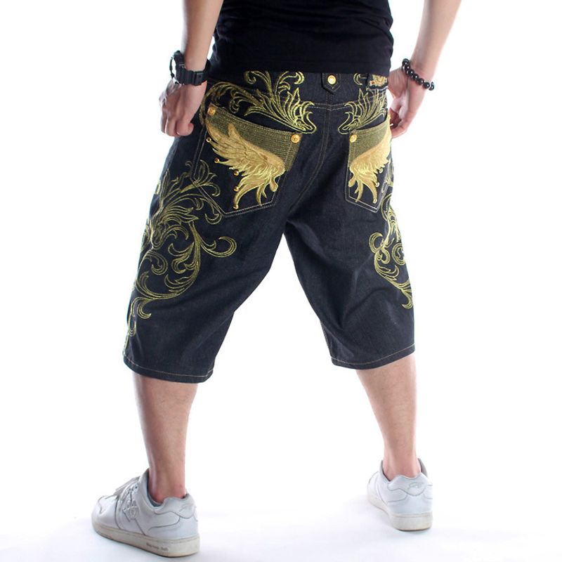Abbigliamento maschile Pantaloncini in denim larghi e taglie forti di tendenza estiva per giovani uomini hip hop personalità hip hop pantaloni corti ricamati_voghion.com