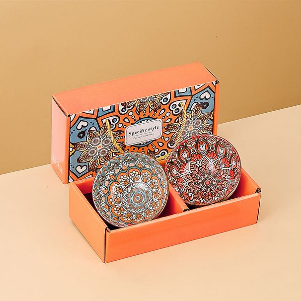 Keramikschüssel-Set mit böhmischem Blumenmuster – handbemalte, mikrowellengeeignete Geschirr-Geschenkbox für Zuhause und Restaurants (11,5 cm, Essstäbchen optional)_voghion.com