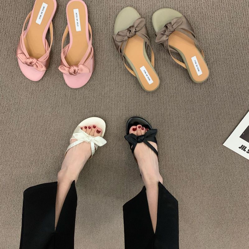 Flat Bottomed French Fairy Style Small Cool Slippers For Women, Worn As Outerwear, 2025 New Summer Bow Beach Sandals_voghion.com