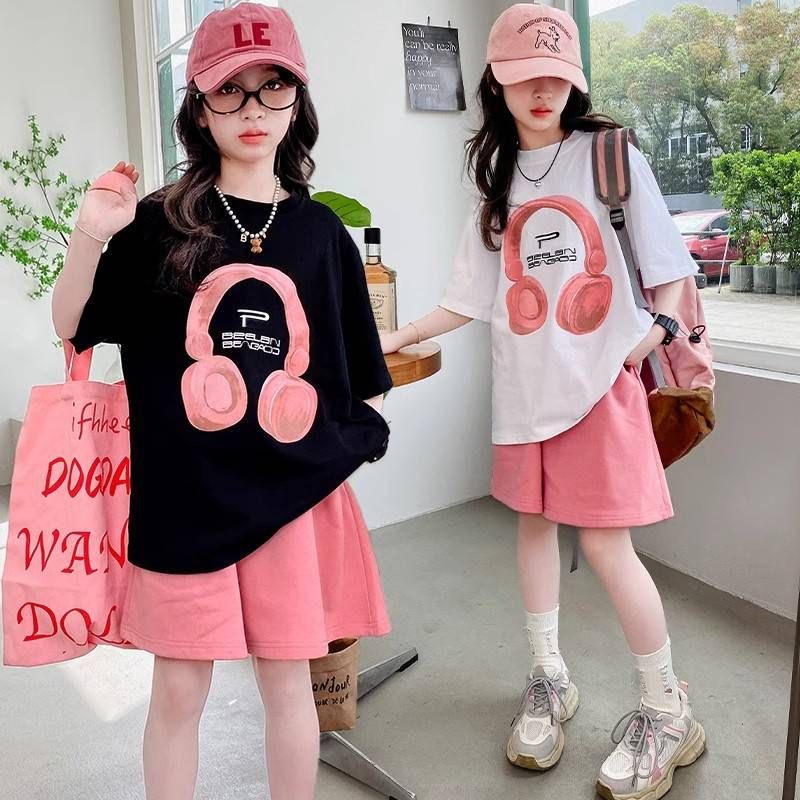 Ropa para niños, camiseta de manga corta de verano para niñas, pantalones cortos casuales, traje de dos piezas, 2024, nuevo traje para niñas de talla grande y mediana_voghion.com