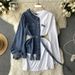 Women's Clothing Denim shirt patchwork dress long sleeves asymmetrical design niche waist slimming hip skirt_voghion.com