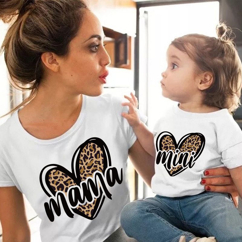 Tricou scurt pentru mame și copii, cu imprimeu leopard, vânzare fierbinte, Love Mama, pentru comerț exterior_voghion.com