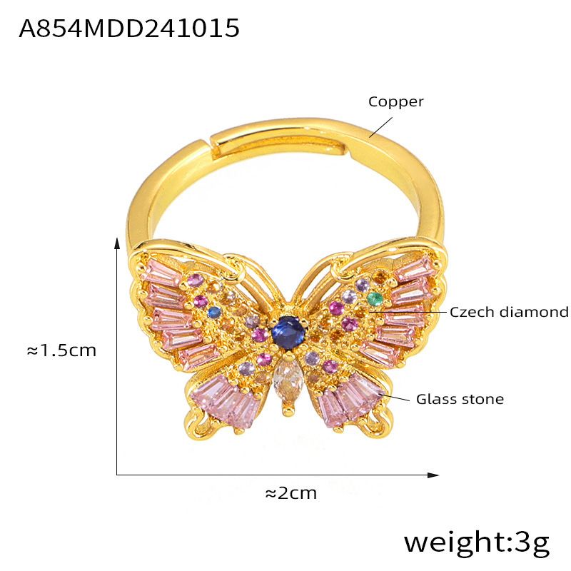 Mehrfarbiger eingelegter Diamant-Schmetterlings-Mode-Ins-Stil Eleganter Kupfer-vergoldeter offener Ring_voghion.com