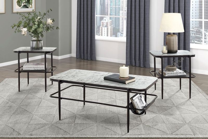 3pc Stylish Occasional Table Set White Marble Print Tempered Glass Top Coffee Table And End Tables Modern Home Furniture_voghion.com