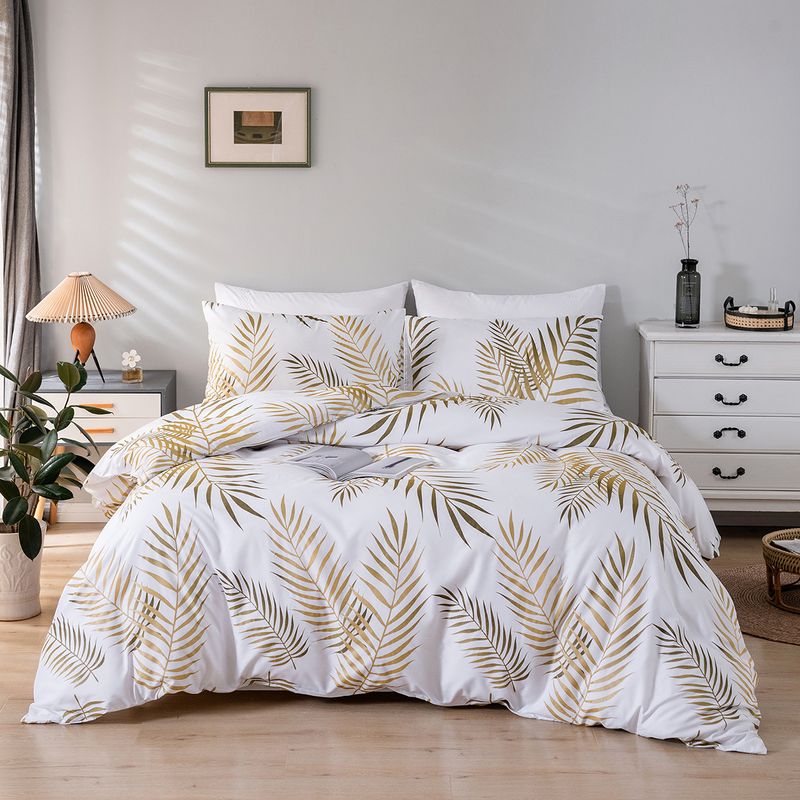 Plant Floral & Golden Leaf Pattern Duvet Cover Set - Nordic Style, Active Printing, Soft Fleece & Twill Fabric_voghion.com