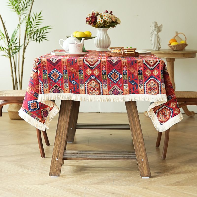 Vintage American Tablecloth With Ethnic Tassels – Stylish, Non-Slip, Heat-Resistant – Perfect For Dining Table, Coffee Table_voghion.com