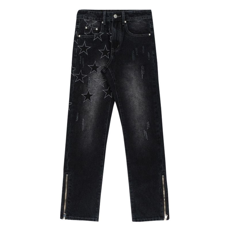 Vêtements pour hommes jeans brodés étoiles de la rue haute conception d'hiver pour hommes pantalons droits amples à fente zippée de marque tendance_voghion.com