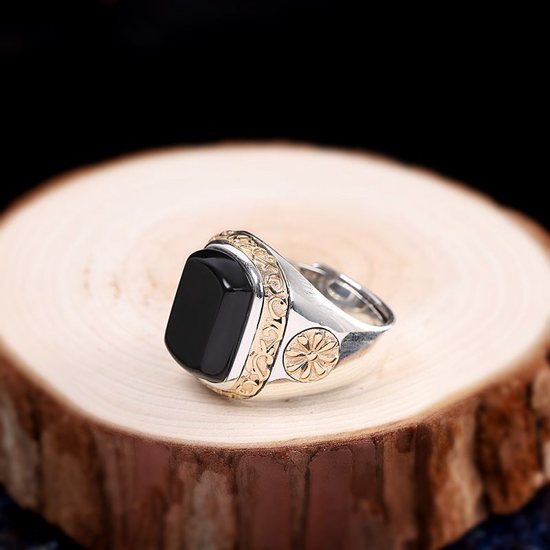 Premium Thai Fine Craft Hand Jewelry S Silber Accessoires Persönlichkeit Herren offener schwarzer Onyx Ring_voghion.com