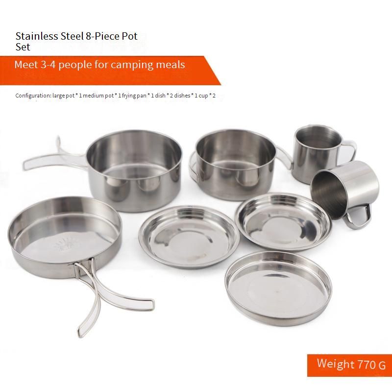 Roestvrijstalen kookset van 8 stuks voor buiten - Compacte, opvouwbare kampeerpot voor 5-6 personen, draagbare BBQ-grill en komcombinatie_voghion.com