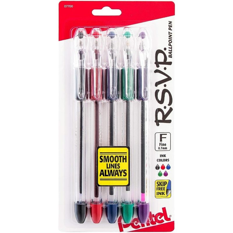 RSVP Ballpoint Pen Fine Line 0.7mm Assorted Ink Pack Of 5 (BK90BP5M)_voghion.com
