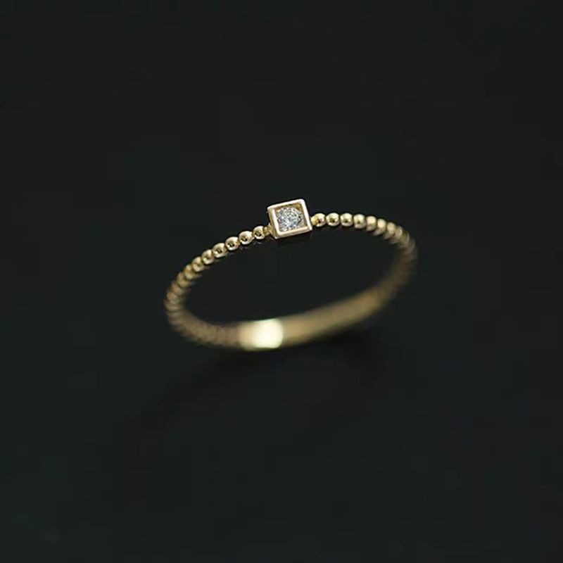 Sterling Sier Bead Edge Mini Gold Bean Square Ring, Unique and Versatile Design, Instagram Trendy Open Tail Ring_voghion.com
