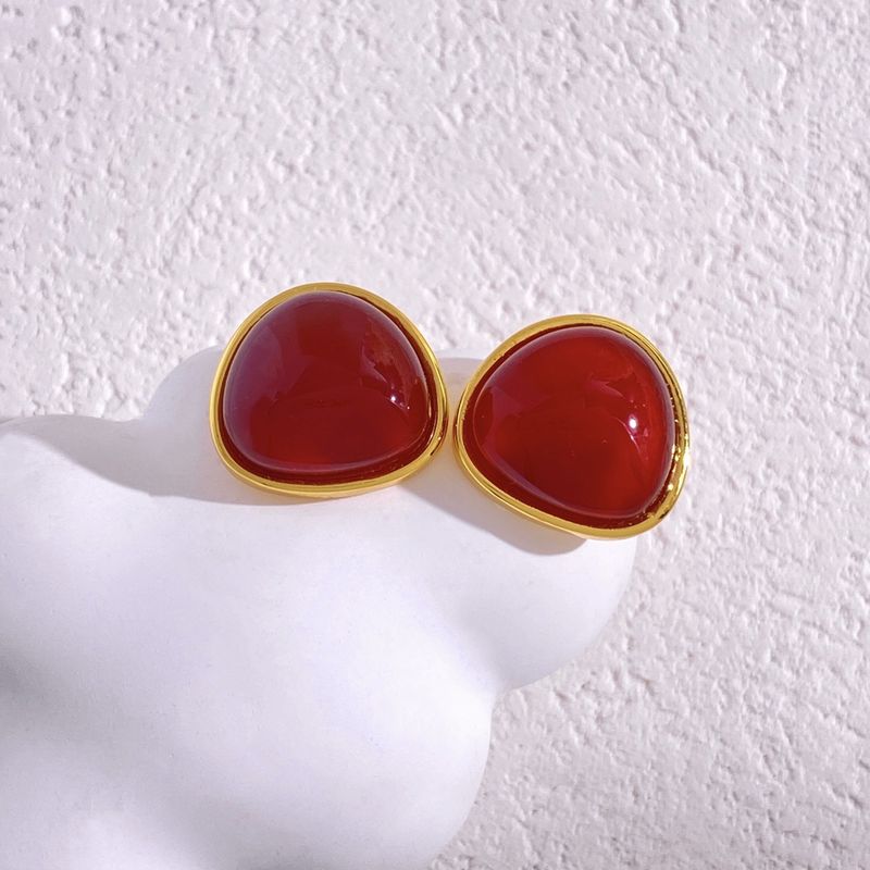 Brincos femininos com pedra de quartzo incrustada em triângulo geométrico, novos brincos de boutique multicoloridos, versáteis e retrô da moda medieval_voghion.com