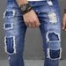 Jeans costurado tecido patch irregular calças plissadas tendência estilo clássico masculino_voghion.com