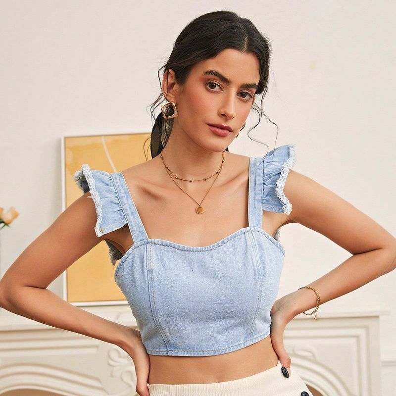 women's clothing INS versatile design small flying sleeve denim vest_voghion.com