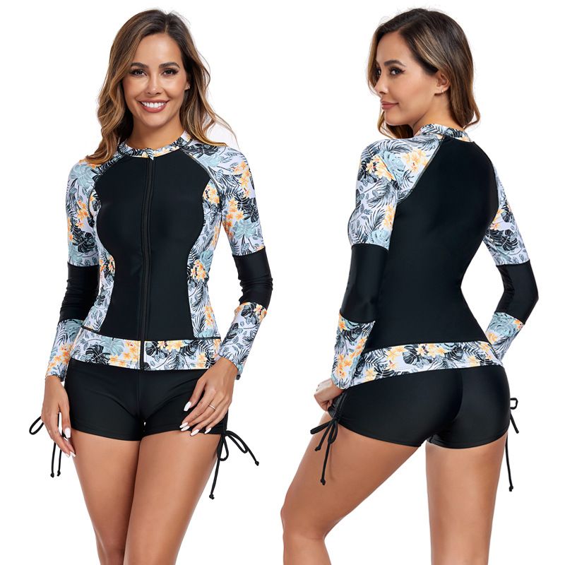 Langärmliges Rashguard-Bikini-Set für Damen – Surf-Badeanzug mit modischem Print und Frontreißverschluss, schmale Passform, LSF 50+ UV-Schutz_voghion.com