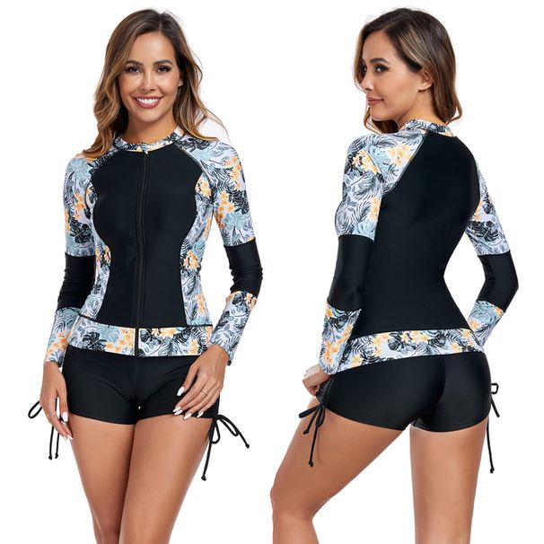 Langärmliges Rashguard-Bikini-Set für Damen – Surf-Badeanzug mit modischem Print und Frontreißverschluss, schmale Passform, LSF 50+ UV-Schutz_voghion.com