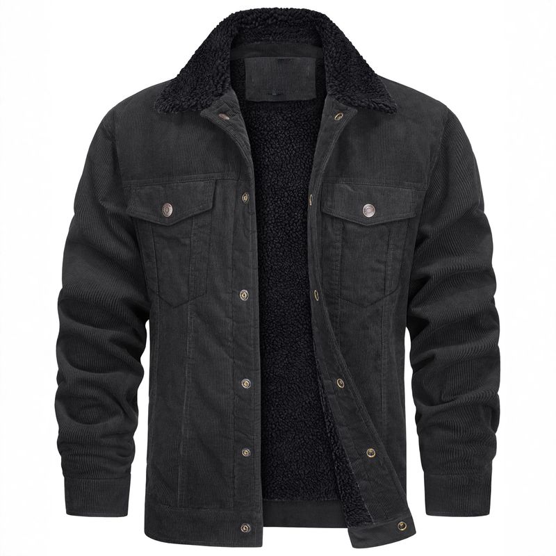 Herren Cordjacke Einfarbig Revers Einreihig Plus Samt Langarm Warmer Herren Freizeitmantel_voghion.com