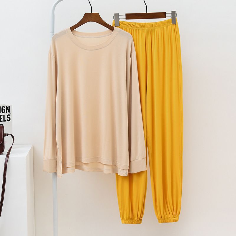 Nachtwäsche für Damen Pyjamas für Damen in Farbkontrasten, Homewear für Damen, Langarm-Hosen-Set, atmungsaktiv_voghion.com