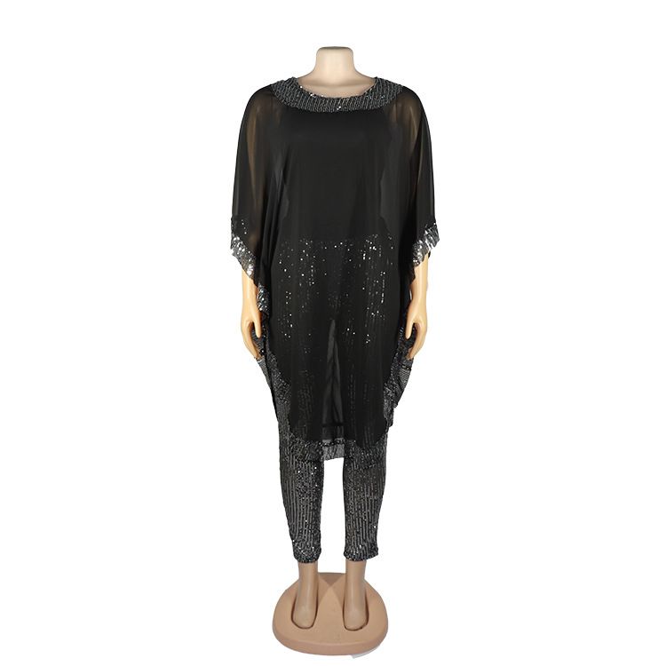 Women's Clothing Women's Suits Large Size Tops Sequined Chiffon With Inner Suspenders And Elastic Sequined Trousers_voghion.com